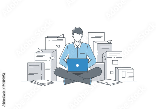 Man Working on Laptop Surrounded by Documents Productivity Deadlines and Remote Work Concept for Business Solutions and Lifestyle