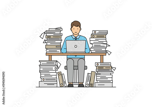 Overworked Businessman Buried Under Paperwork at Desk with Laptop Facing Deadline Stress Isolated on White Background for Stock