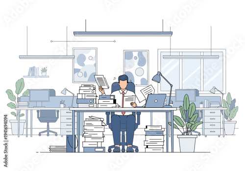 Overwhelmed Businessman Amidst Stacks of Paperwork in an Open Office Space Showcasing Modern Workplace Challenges and High Workload in Corporate