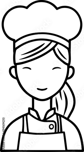 Hand Drawn Woman as Chef Black and White Avatar Illustration in Minimal Line Art Style Design