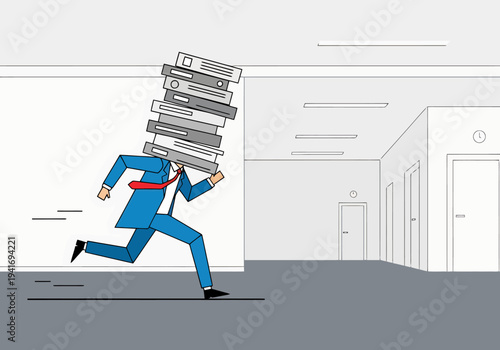 Cartoon Style Office Worker Overloaded with Paperwork Running Through the Hallway Stressful Business Concept Deadline Pressure and Workload