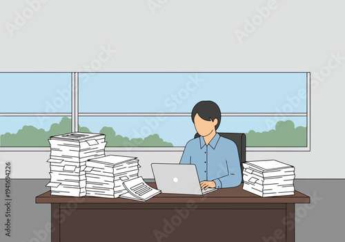 Business Person Working At Desk With Large Stacks Of Paperwork And Laptop Computer Creating Efficient Workflow Solutions
