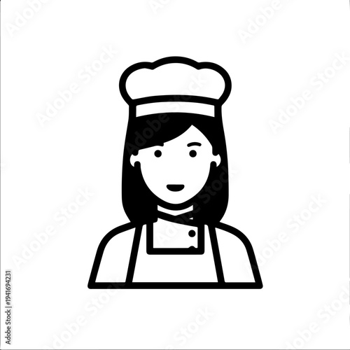 Hand Drawn Woman as Chef Black and White Avatar Illustration in Minimal Line Art Style Design