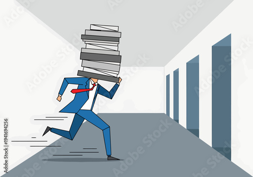 Man in suit running down hallway carrying large stack of documents overhead exhaustion overwhelmed concept digital art