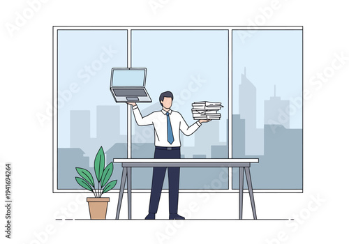 Focused businessman balancing laptop and stack of documents on desk with city skyline view in office workspace representing productivity and