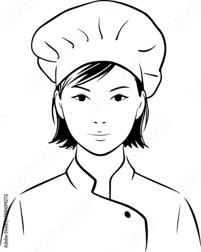 Hand Drawn Woman as Chef Black and White Avatar Illustration in Minimal Line Art Style Design