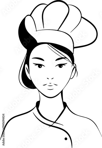 Hand Drawn Woman as Chef Black and White Avatar Illustration in Minimal Line Art Style Design