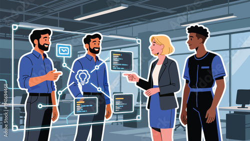 Diverse Team Collaborating on Digital Project with Holographic Interface collaboration.