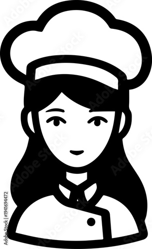 Hand Drawn Woman as Chef Black and White Avatar Illustration in Minimal Line Art Style Design