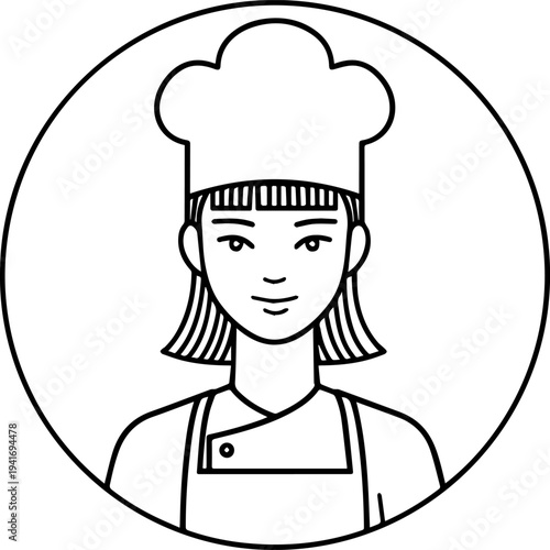 Hand Drawn Woman as Chef Black and White Avatar Illustration in Minimal Line Art Style Design