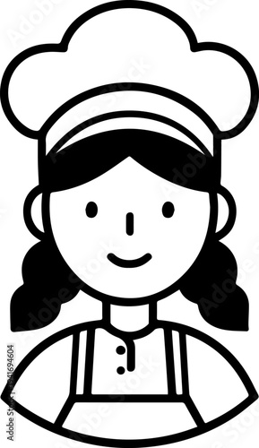 Hand Drawn Woman as Chef Black and White Avatar Illustration in Minimal Line Art Style Design