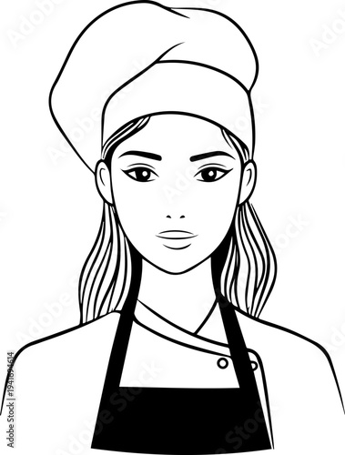 Hand Drawn Woman as Chef Black and White Avatar Illustration in Minimal Line Art Style Design