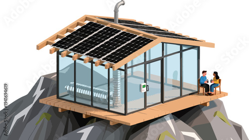 Modern glass cabin with solar panels on a mountain peak house home.