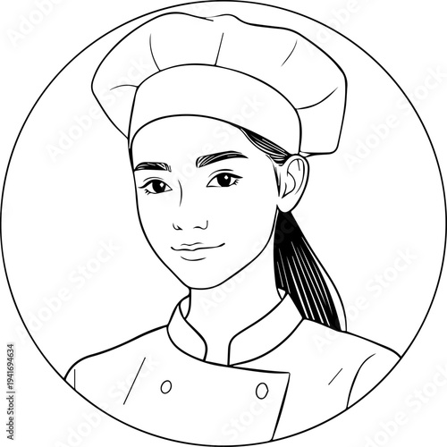 Hand Drawn Woman as Chef Black and White Avatar Illustration in Minimal Line Art Style Design