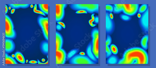 Heat map vertical templates set. Abstract rgb thermal gradient with cold and hot distribution. Glowing neon spectrum frame showing RGB hues. Vector illustration