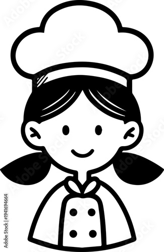 Hand Drawn Woman as Chef Black and White Avatar Illustration in Minimal Line Art Style Design