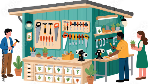 People Working Together in a Bright and Organized Workshop with Tools and Plants gardening.
