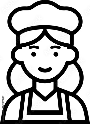Hand Drawn Woman as Chef Black and White Avatar Illustration in Minimal Line Art Style Design