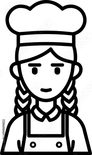 Hand Drawn Woman as Chef Black and White Avatar Illustration in Minimal Line Art Style Design