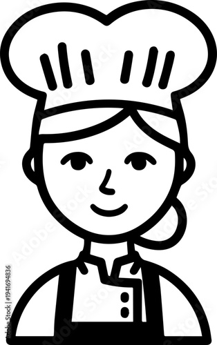 Hand Drawn Woman as Chef Black and White Avatar Illustration in Minimal Line Art Style Design