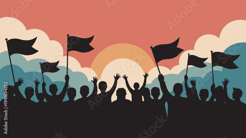 A group of people celebrating with flags and raised hands at sunset