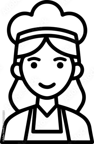 Hand Drawn Woman as Chef Black and White Avatar Illustration in Minimal Line Art Style Design