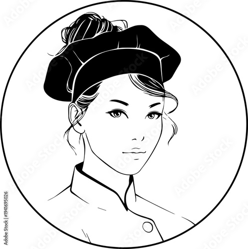 Hand Drawn Woman as Chef Black and White Avatar Illustration in Minimal Line Art Style Design