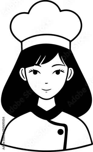 Hand Drawn Woman as Chef Black and White Avatar Illustration in Minimal Line Art Style Design
