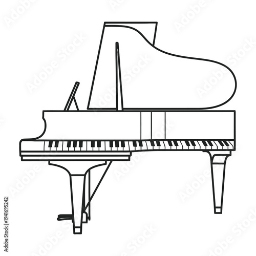 Grand piano line drawing illustration with simple white background and detailed keyboard