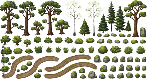 Set of 50+ Green Tree, Bush, Grass, Rock, and Dirt Path Vector Elements isolated PNG with Transparent Background
