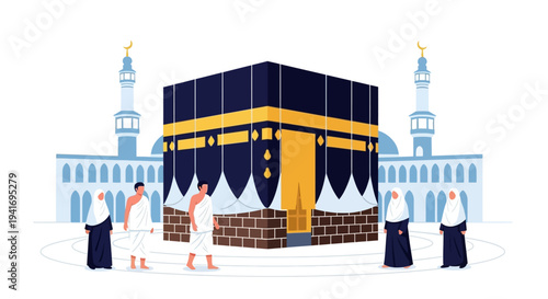 Pilgrims circumambulating the Kaaba during Hajj at the Grand Mosque in Mecca, illustration of a sacred Islamic ritual