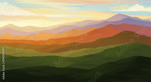 Abstract Landscape Painting with Vibrant Colors and Layered Hills.