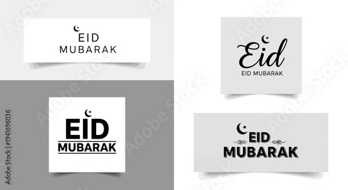 Eid Mubarak greeting card designs with crescent moon symbol on white and gray backgrounds viewed from directly above