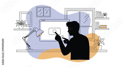 Vector illustration of a man working on a computer with a graphic design program