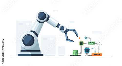 Robotic Arm Assembling Microchips & Electronic Components: Precision Manufacturing, Automation & Industry 4.0 Tech