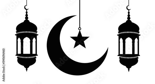 Crescent moon and star surrounded by hanging lanterns in a serene nighttime scene illustration