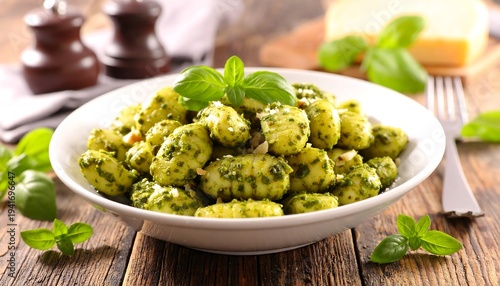 Plate of gnocchi coated in pesto, garnished with basil leaves, on a rustic wooden table, with cheese in background