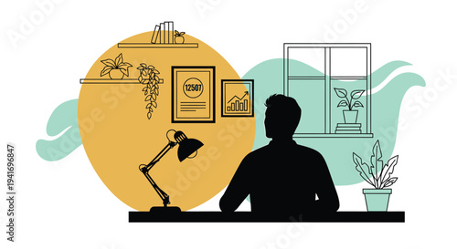 Vector illustration of a person working at a desk with lamp and plants