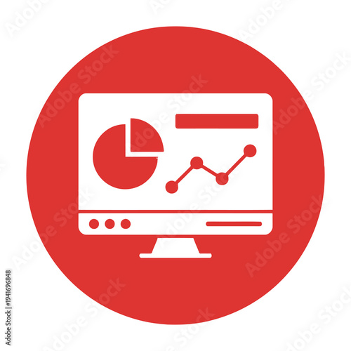 Business data analysis on computer screen with pie chart and line graph in red and white