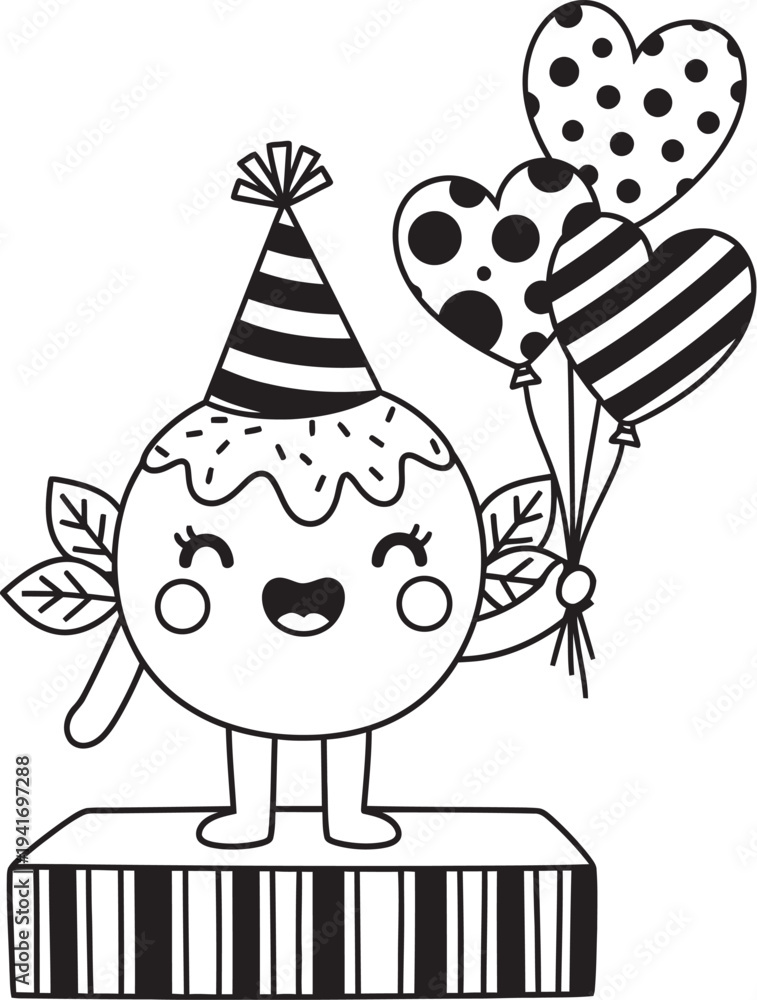 Fototapeta premium A cheerful cartoon character celebrates a birthday with heart shaped balloons