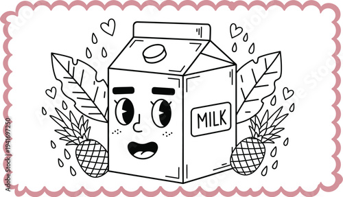 Cartoon milk carton with pineapple leaves and a surprised face