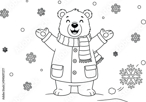 A cheerful cartoon bear enjoying a snowy day in a warm coat