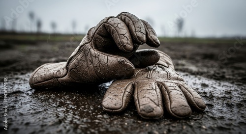 Worn Leather Gloves Resting on Muddy Ground