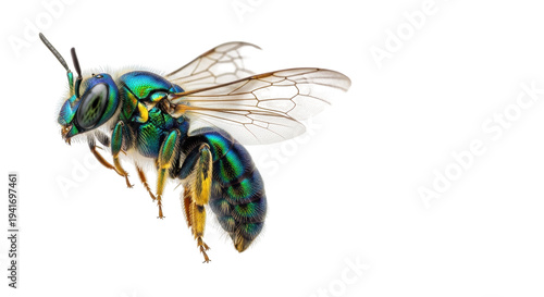 Isolated Sweat Bee featuring striking iridescent coloring and transparent veined wings in studio shot