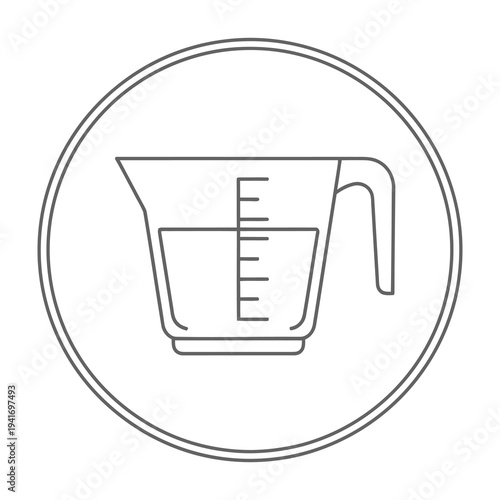 Measuring cup icon with measurement markings and liquid level in simple line art style