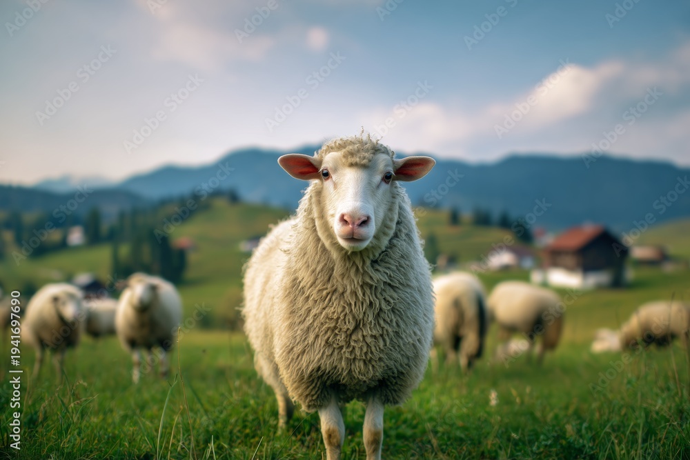 Fototapeta premium Curious Sheep in a Lush Green Pasture. Fluffy sheep standing in a vibrant green pasture with a grazing flock and rolling mountains in the background, rural landscape.