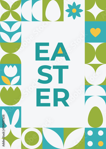 Minimal vertical geometric Easter frame with spring symbols, eggs, flowers and bunny shapes. Ideal for greeting cards, invitations, seasonal marketing, social media posts and holiday promotions.