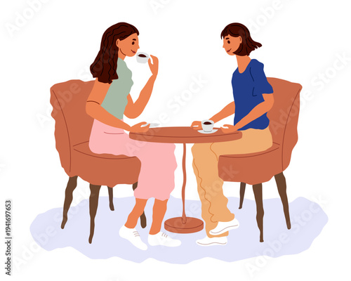 Quality time between mother and daughter in cozy cafe. Women sit at small table enjoying hot drinks. Warm atmosphere, conversation, bonding, weekend meeting. Flat vector illustration for family time.