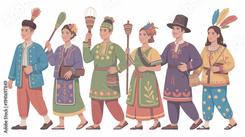 A group of people dressed in traditional clothing walking together in a line with colorful feathers and accessories