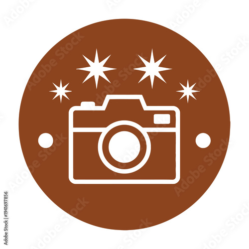 Brown circle icon with white camera and sparkles on white background for photography concept